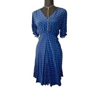 1930s Inspired Navy Polka Dot V Neck Dress - Size 8